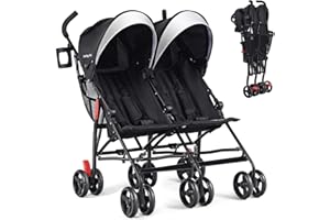 BABY JOY Double Umbrella Stroller, Lightweight Travel Side by Side Twin Stroller with Large Storage, Cup Holder, 5-Point Safety Harness, Adjustable Canopy & Compact Fold for Infant and Toddler (Black)