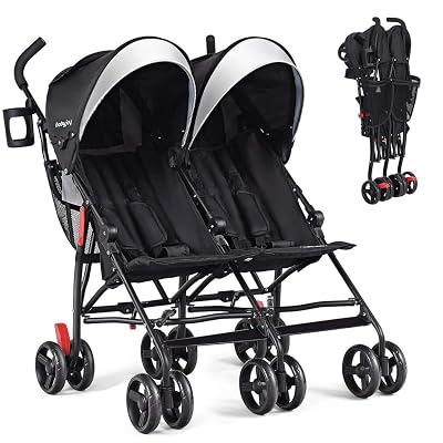 BABY JOY Double Umbrella Stroller, Lightweight Travel Side by Side Twin Stroller with Large Storage, Cup Holder, 5-Point Safety Harness, Adjustable Canopy & Compact Fold for Infant and Toddler (Black)