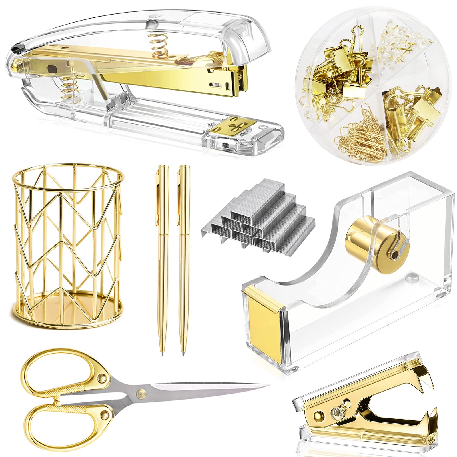 Photo 1 of Famassi Gold Desk Accessories?Office Supplies Set Acrylic Stapler Set Staple Remover, Tape/Pen Holder, 2 Ballpoint Pen, Scissor, Binder/Paper Clips and 1000pcs Staples.