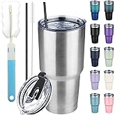 GUDEMAO 30 oz Tumbler with Lids and Straws, Stainless Steel Insulated Coffee Tumbler, Double Wall Vacuum Insulated Travel Mug Cup, Leakproof Thermal Coffee Cup for Hot and Cold Drinks(Silver)