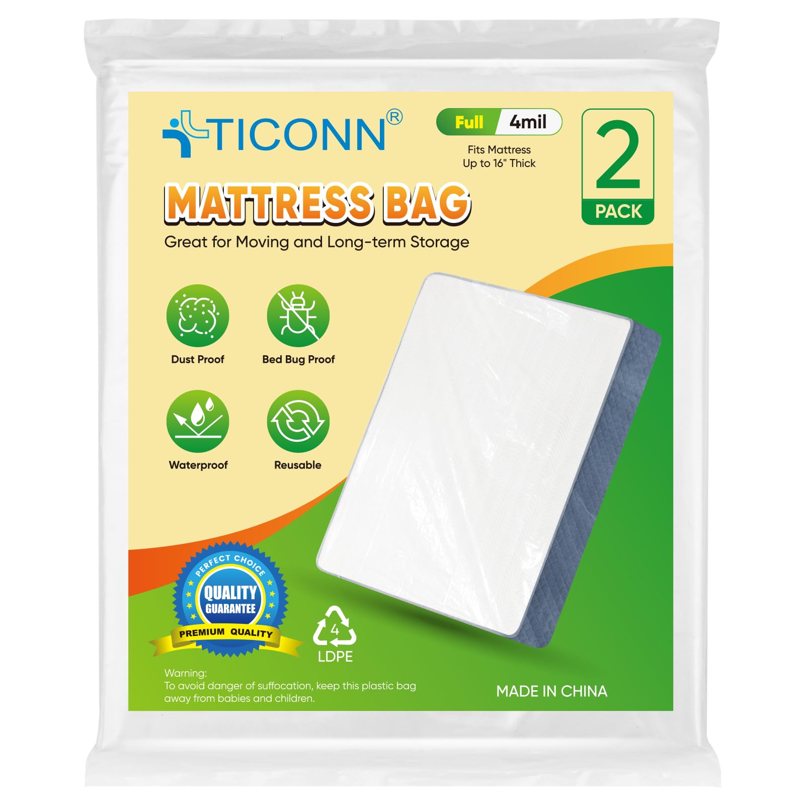 TICONN 2PK Plastic Mattress Bag for Moving Storage, Waterproof Mattress Protector Cover, Heavy-Duty Mattress Moving Supplies (4 mil, Full)