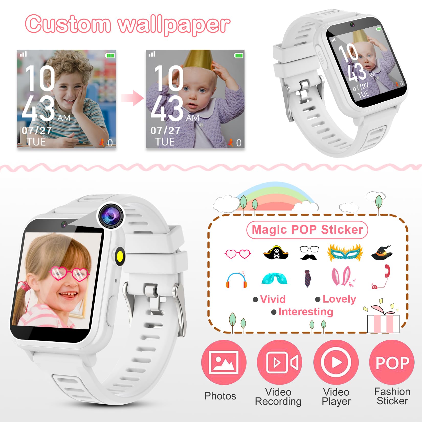 Phyulls Kids Smart Watch Gift for Girls Age 4-12, Smart Watch for Kids with 39 Games HD Touch Screen Watches Camera Video Music Pedometer Flashlight Educational Toys Birthday Gifts for Girls