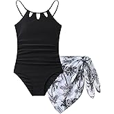Cuddomper Girls Swimsuit One-Piece Bathing Suit with Mesh Cover Ups Adjustable Straps Cut Out Swimwear Size 7-16