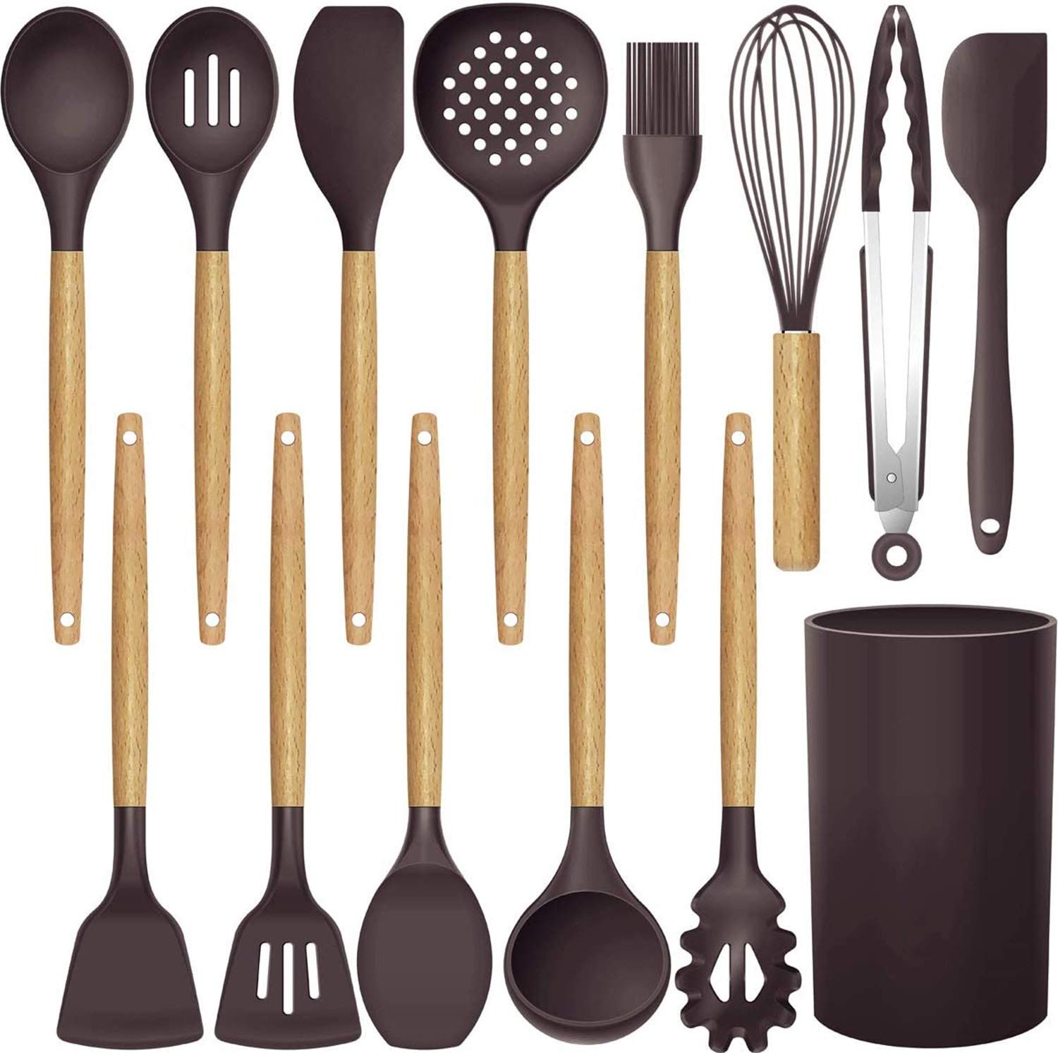 Silicone Cooking Utensils Kitchen Utensil Set - 446°F Heat Resistant,Turner Tongs,Spatula,Spoon,Brush,Whisk. Wooden Handles Gray Kitchen Gadgets Tools Set for Nonstick Cookware(Brown-12pcs)