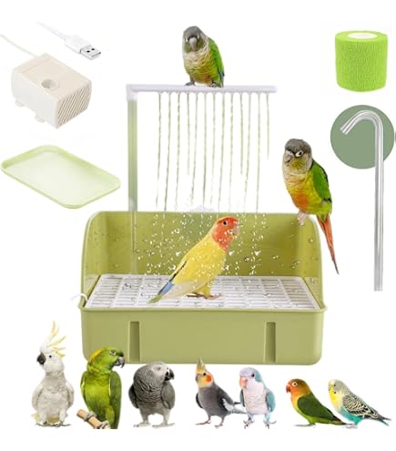 Electric Large Bird Bath With USB Pump - Waterfall Shower For Parrots & Pet Birds (Green)