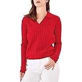 Simple&Opulence Women's Lapel Collar V Neck Sweater Wool Blend Pullover Long Sleeve Cable Knit Sweaters Polo Outfits