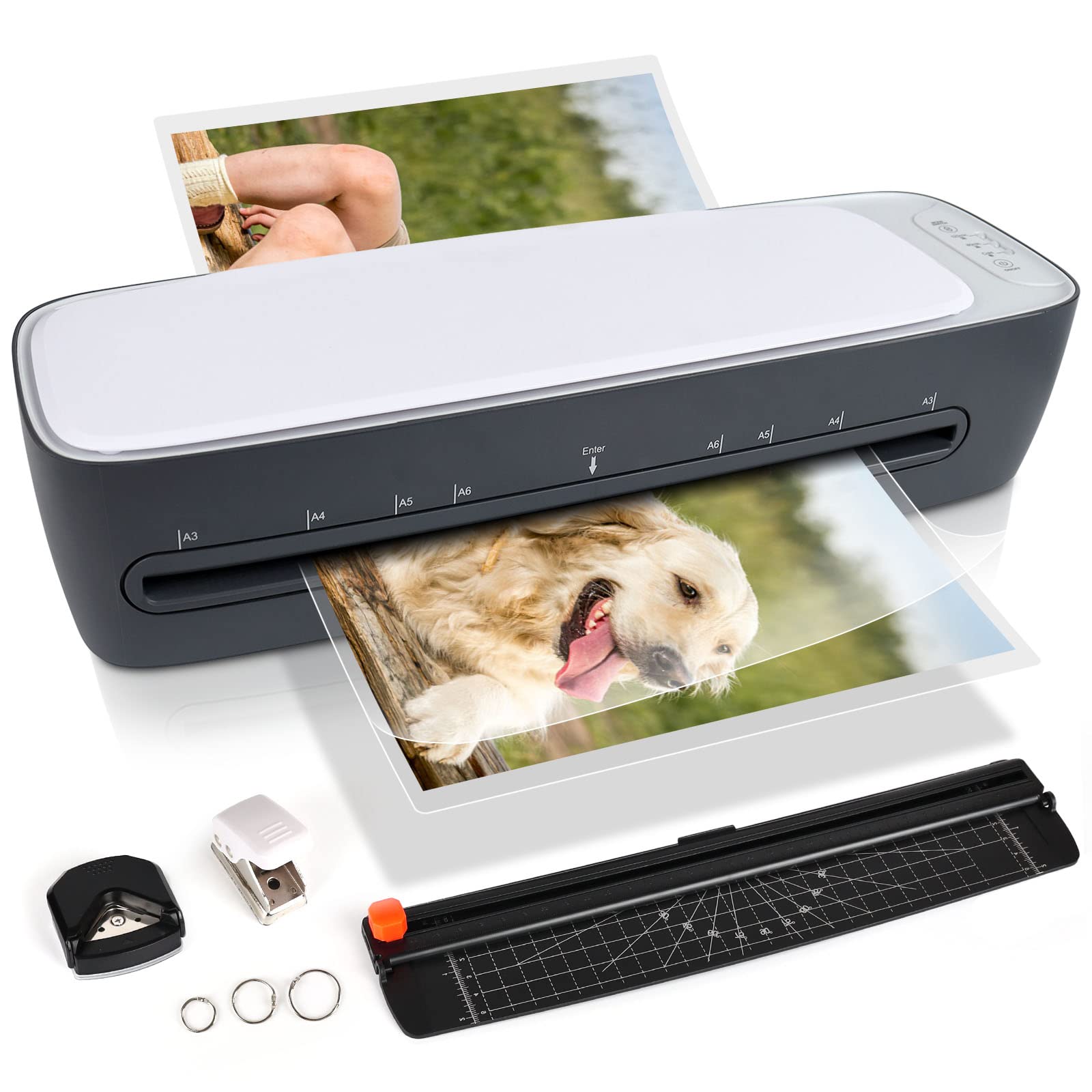 Photo 1 of 13 Inch A3 Laminator Machine, 9 in 1 Desktop Thermal Never Jam With 40 Pouches, Paper Trimmer and Corner Rounder, 1Min Fast Warm-Up for Home Office School Use, Grey