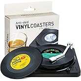 Funny Retro Record Coasters for Drinks with Vinyl Player Holder for Music Lovers,Set of 6 Conversation Piece Sayings Drink Coaster,Housewarming Hostess Wedding Registry Gift Ideas