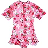 YAGATA Toddler Girl Swimsuit One Piece Rash Guard Bathing Suit Little Girls Short Sleeve Quick Dry Swimwear 1-7 Years