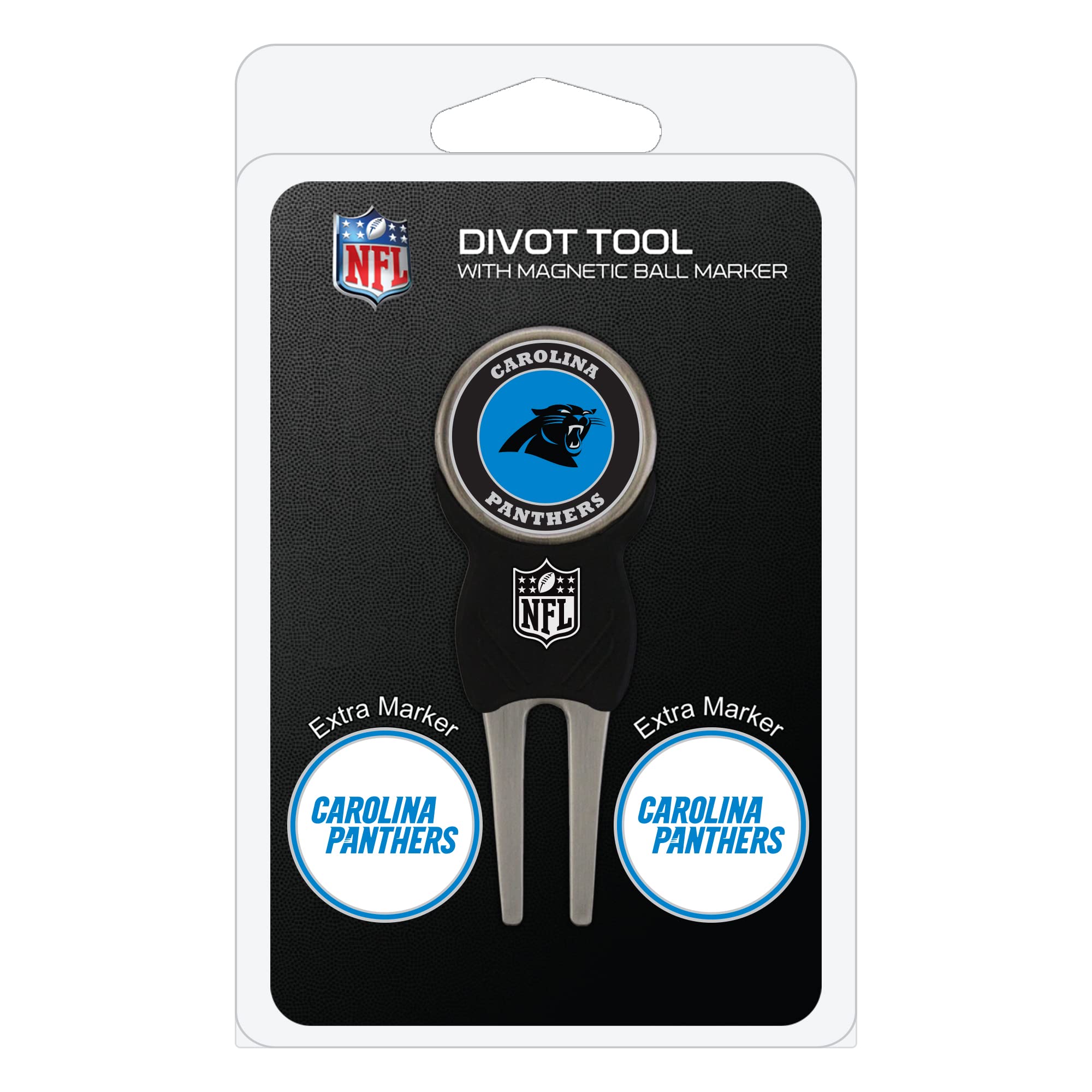 Team Golf NFL Carolina Panthers Divot Tool Pack With 3 Golf Ball Markers Divot Tool with 3 Golf Ball Markers Pack, Markers are Removable Magnetic Double-Sided Enamel