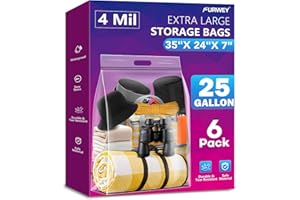 FURWEY 25 Gallon Extra Large Storage Bags 35”x 24”Resealable Clear Bags with Handle 4 Mil Thick Heavy Duty Big Bag for Clothes Pillow Travel Moving,Bedding,Shoes and Toys Storage, Pack of 6