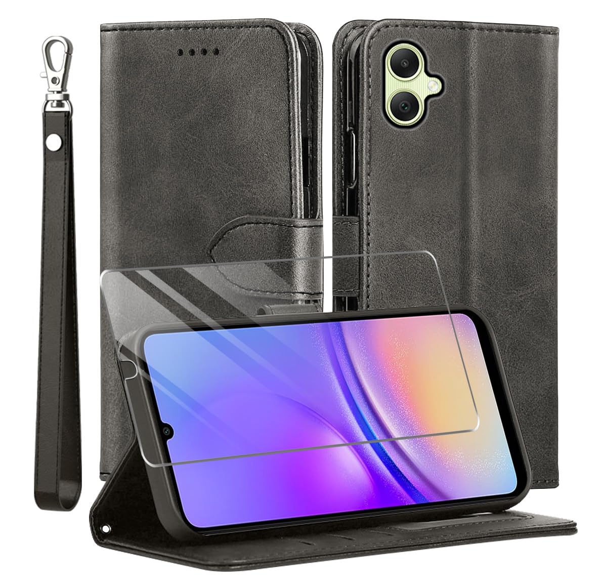 Photo 1 of TTYSHTT for Samsung Galaxy A05 Case and Tempered Glass Screen Protector, PU Leather Flip Cover Wallet Phone Case Protector [Full Protection] [Card Slots] [Kickstand] for Samsung Galaxy A05, Black