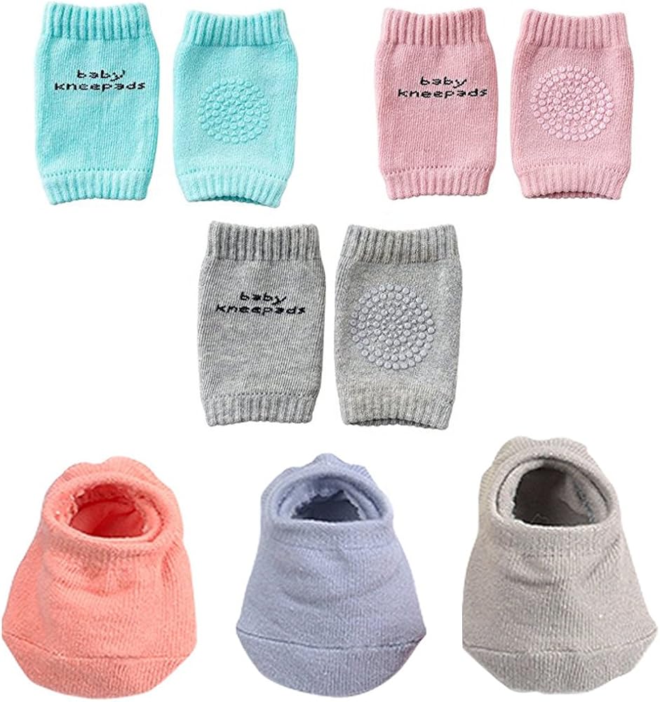 Kneepads and socks Baby Crawling Anti-Slip Knee Pads and Anti Slip Baby Socks Best Infant Gift,Unisex Baby Toddlers Kneepads 3 Pairs Soft Cotton Boys Girls Grip Crawling Socks 3 Pairs