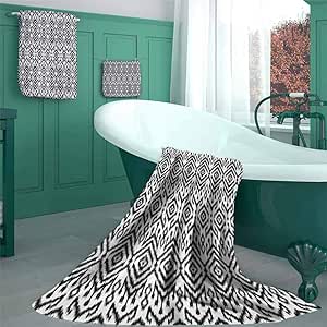 Black and White Premium Bamboo Cotton Bath Towels Set, Monochrome Ikat ...