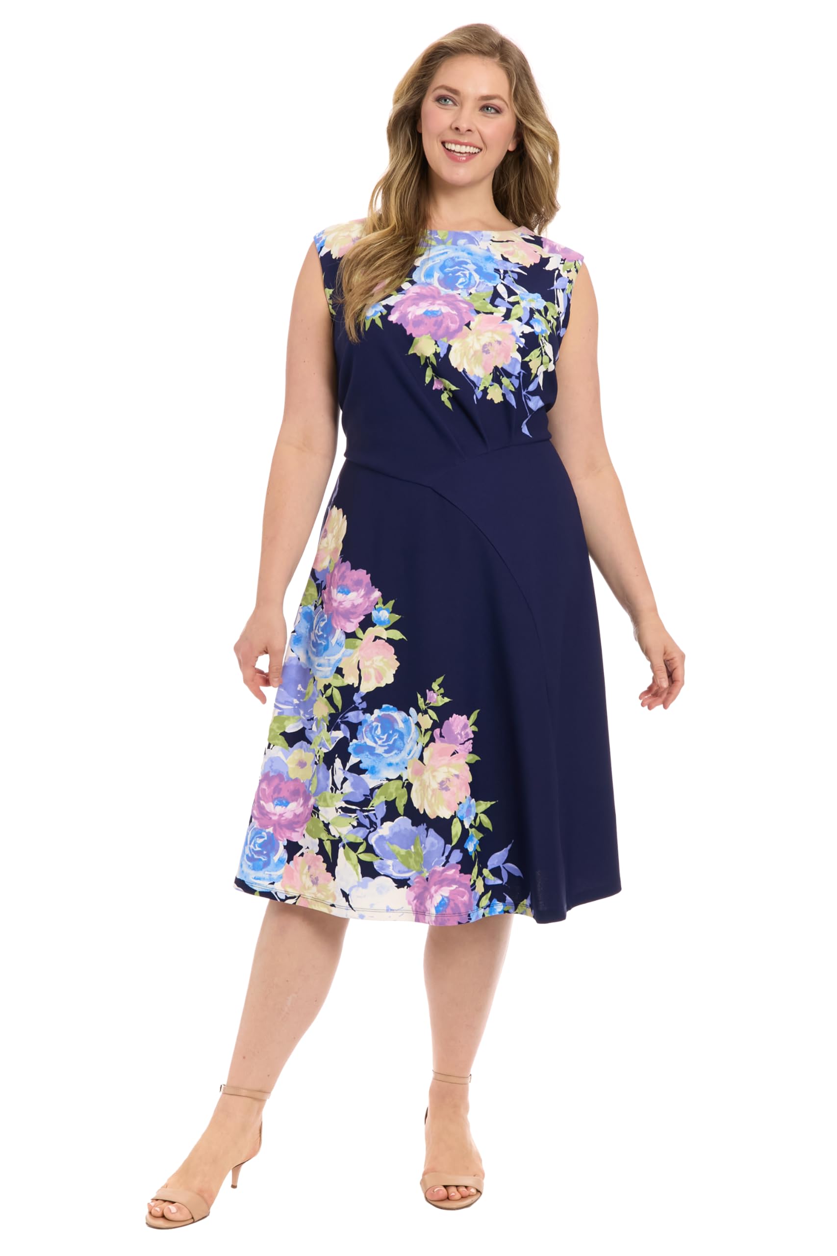 London Times Women’s Dresses Women’s Fit & Flare Midi Dress with Cap Sleeves – Stretchy Formal Fabric – Special Occasion Wedding Guest Dress, Navy/Lt. Blush, 16