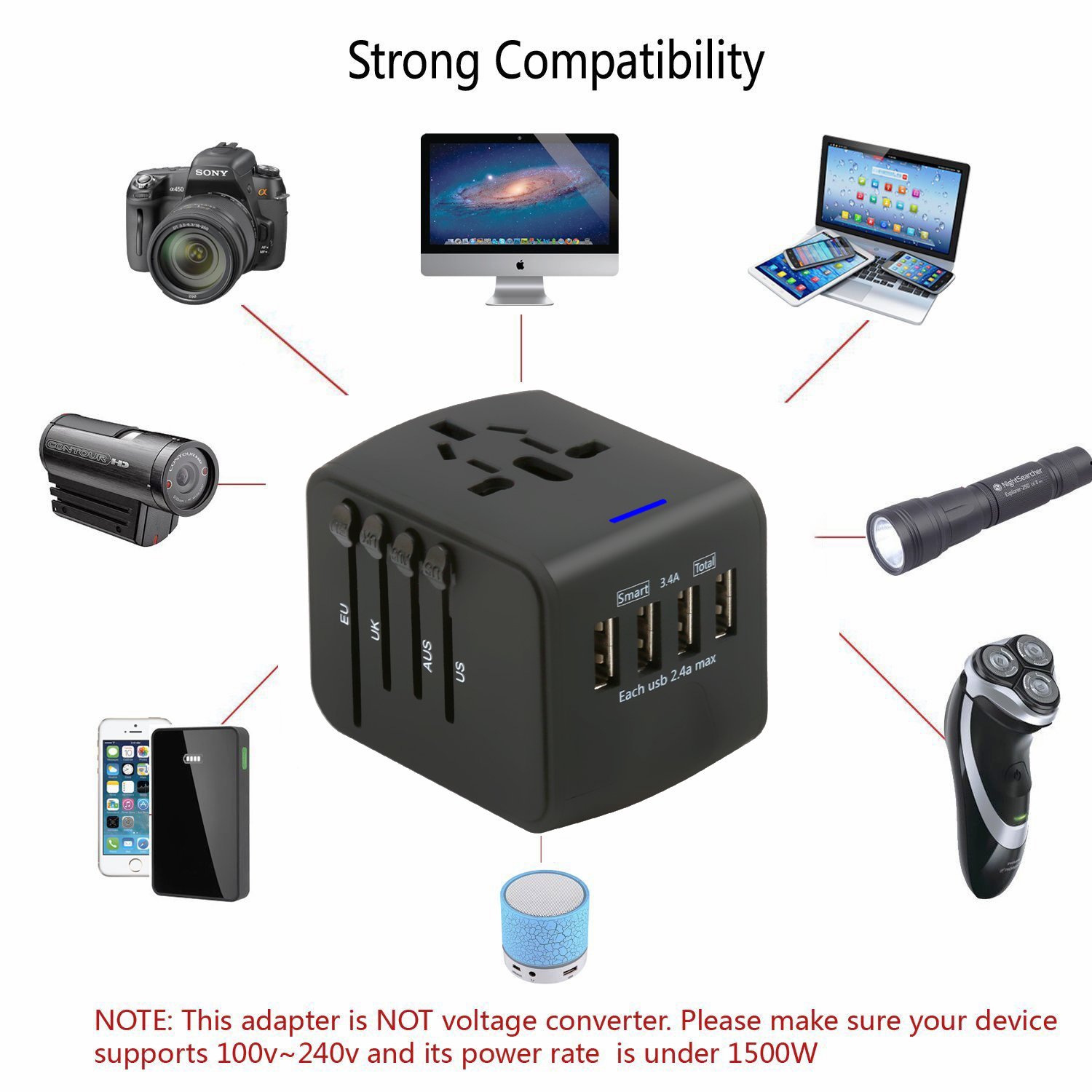 Universal Travel Adapter - 4 USB 3400mA MAX Wolrd Travel Adapter for iPhone iPad Laptop Android Phone Shaver Cameras etc - Plug Adapter Charger for US UK EU AU etc - Covers over 150 Countries (Black)