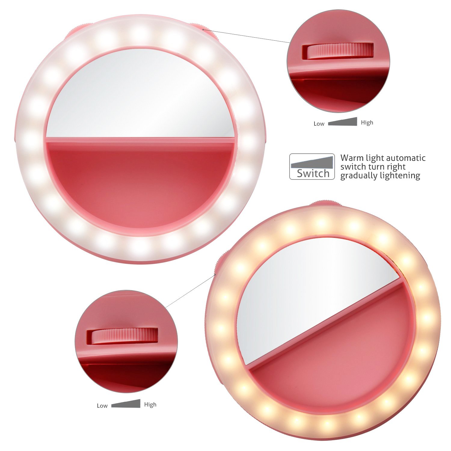 YIIYAA Selfie Light Ring, Portable Rechargeable Mini 40 Highlight LED Selfie Ring Flash Fill Light with Makeup Mirror 2 Gears Brightness Camera Photography for iPhone Adroid Tablet iPad Laptop Pink