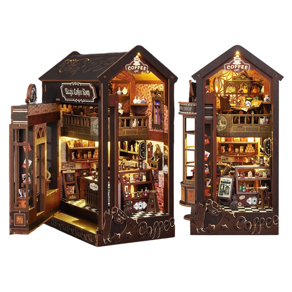 Book Nook Kits, 3D Wooden Puzzle Art Bookends with LED Lights, Magic Coffee Shop Furniture Accessories Creative Cafe Puzzle Toys, Teen Kid Adults Gift For Birthday Christmas (Magic Coffee House)