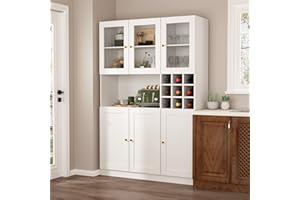 AIEGLE Large Kitchen Hutch Cabinet, Storage Pantry Cupboard with Acrylic Doors, Drawers, Wine Rack & Countertop, Kitchen Utility Buffet Storage, White Type A (47.2" L x 15.9" W x 70.9" H)