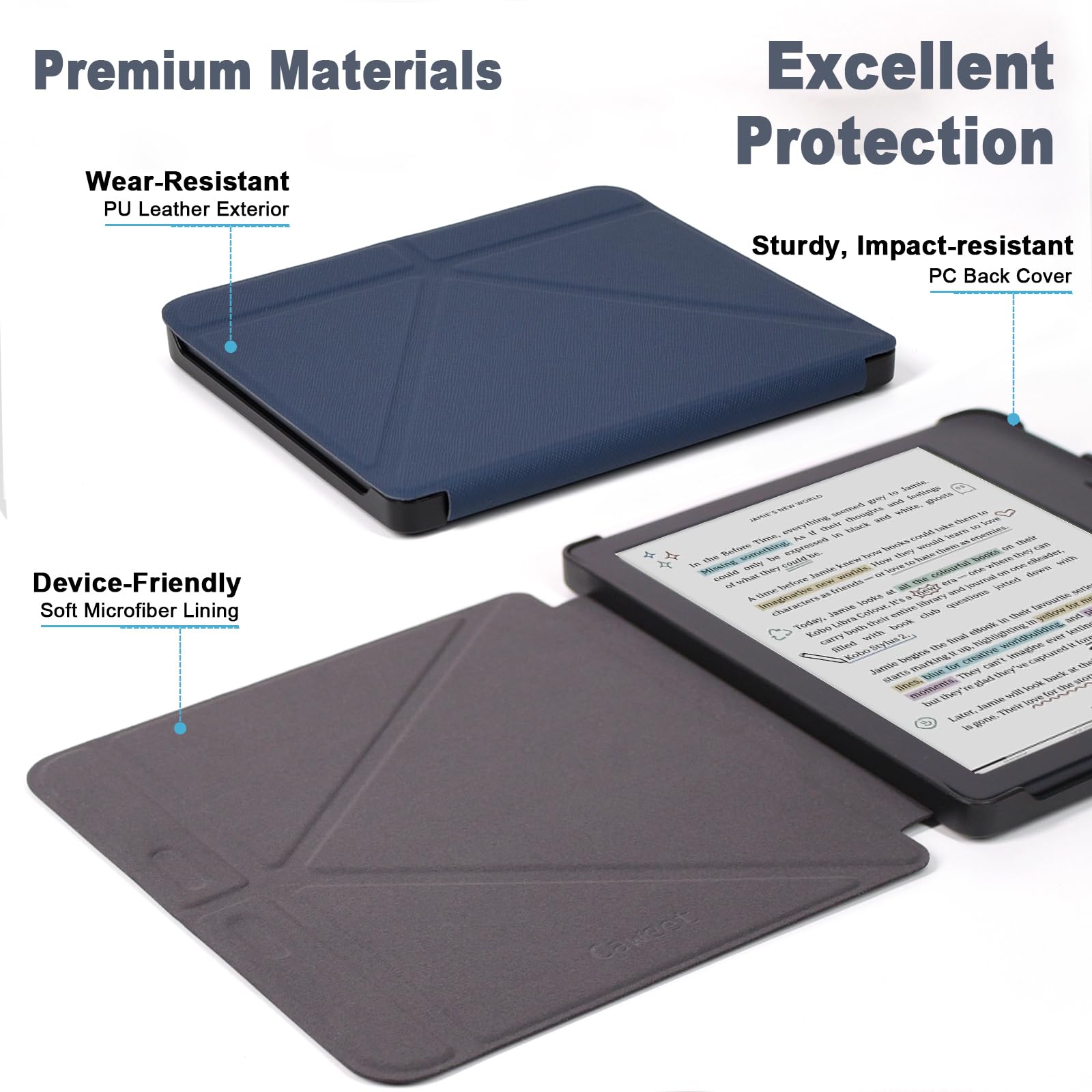 Caweet Case for Kobo Libra Colour 7 Inch 2024, Premium PU Leather | Origami Stand | Auto Wake/Sleep | Protective Sleeve | Blue