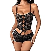 Verdusa Women's Floral Lace 2 Piece Outfits Tie Front Crop Cami Top with Mini Shorts