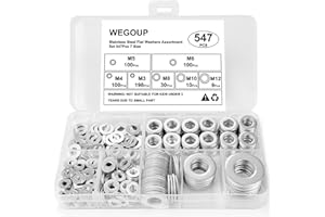 Kviceo Stainless Steel Flat Washers Assortment, 18-8 (304) Stainless Steel Metric Washers, 547-Piece Set (M3, M4, M5, M6, M8, M10, M12) with Plastic Storage Case