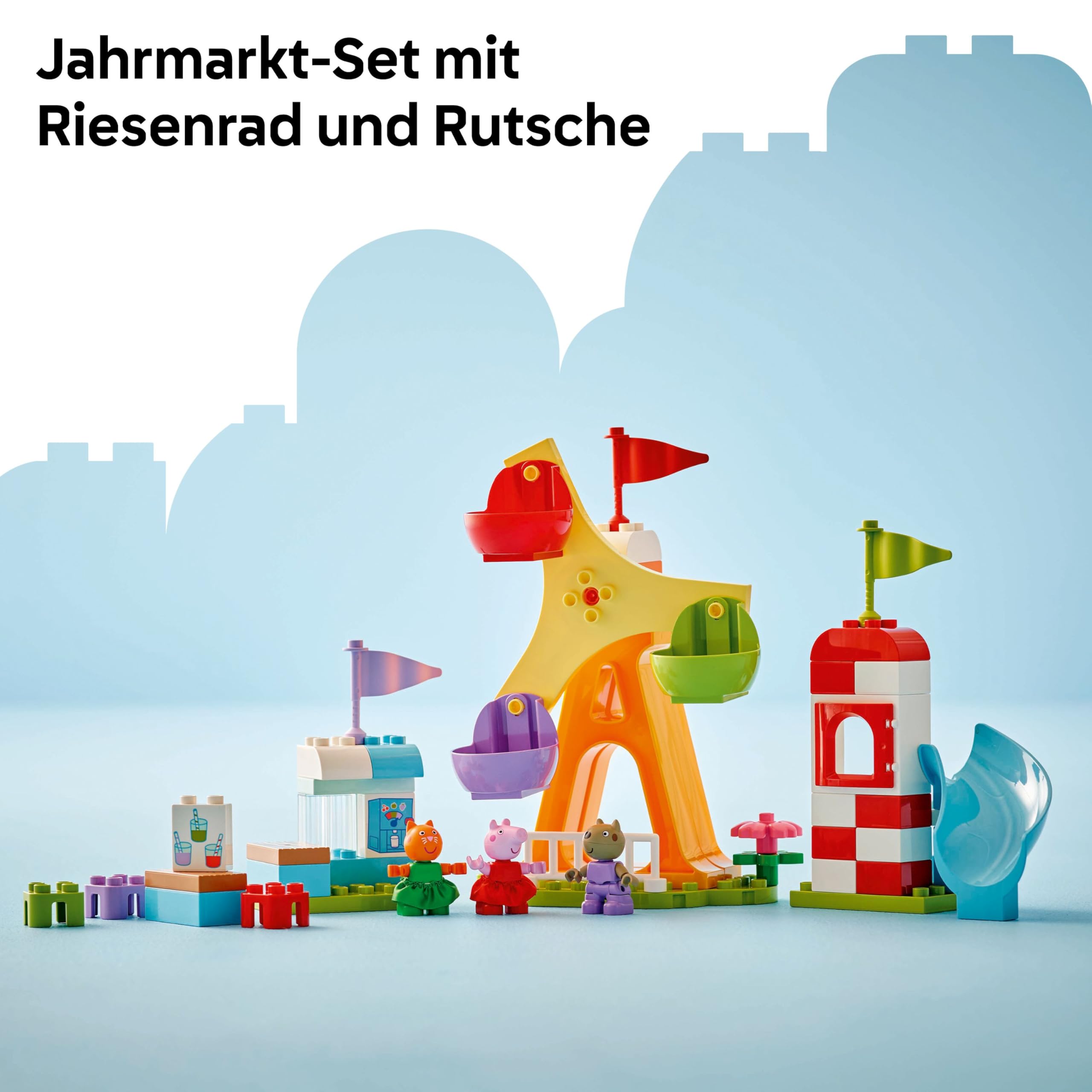LEGO DUPLO Peppa Wutz Jahrmarkt - Montessori Spielzeug - Motorikspielzeug für Kinder ab 2 Jahren - Vorschule Spiele mit Riesenrad, Rutsche & 3 Figuren inkl. Mollie Mieze & Klausi Kläff 10453 4