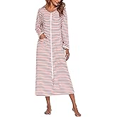 Ekouaer Women Long House Coat Zipper Front Robes Full Length Nightgowns with Pockets Striped Loungewear S-4XL