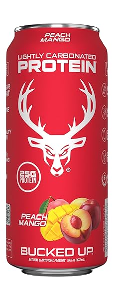 BUCKED UP LIGHTLY CARBONATED PROTEIN SODA | 25G WHEY ISOLATE – ZERO SUGAR, LOW CALORIE, CAFFEINE FREE, CLEAN DRINK | SPARKLING PROTEIN SODA – 12 PACK, 16 OZ CANS (PEACH MANGO)