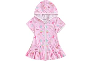 Girls Hooded Terry Cover Up Swimsuit Zipper Swim Dress Short Sleeve Ruffle Coverups Bathing Suit Swimwear