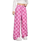 WDIRARA Girl's Plaid Checkered Baggy Jeans Wide Leg Color Block Denim Pants