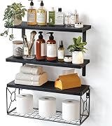 Pipishell Floating Shelves with Wire Storage Basket Black 3+1 Set Paulownia Wood view 1