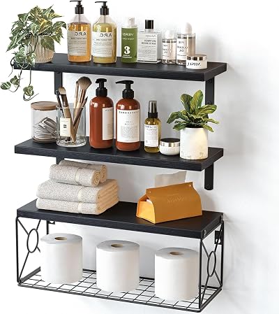 Pipishell Floating Shelves with Wire Storage Basket Black 3+1 Set Paulownia Wood