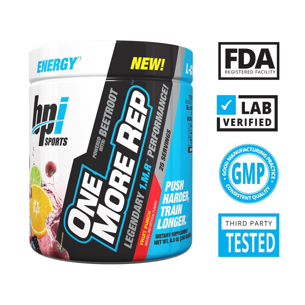 BPI Sports One More Rep Pre-Workout Powder - Increase Energy & Stamina - Intense Strength - Recover Faster - Beetroot - Carnitine - Citrulline - 0 Calorie - 25 Servings - Fruit Punch 8.8 Ounce (Pack of 1)