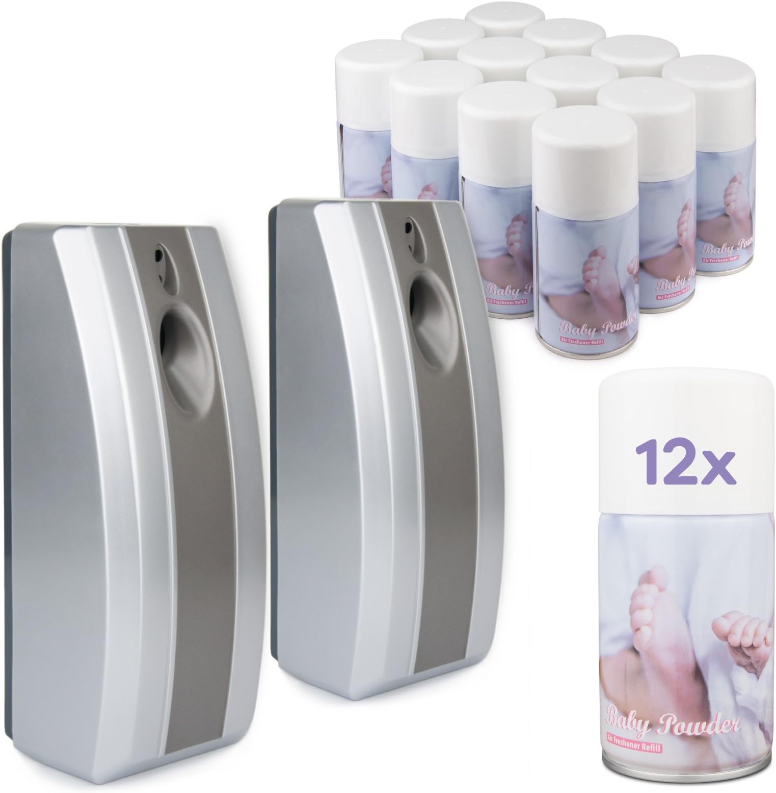 DripDropDry Complete Set - 2 Automatic Air Fresheners & 12 Baby Powder Aerosol Refill Cans - Commercial Toilet (Grey)