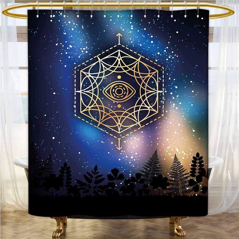 Sacred Geometry Custom Shower Curtain 55x72 INCH Hexagon Form with The Eye Icon in The Centre on Starry Night Mystic Image Bathroom Curtain Gold Blue