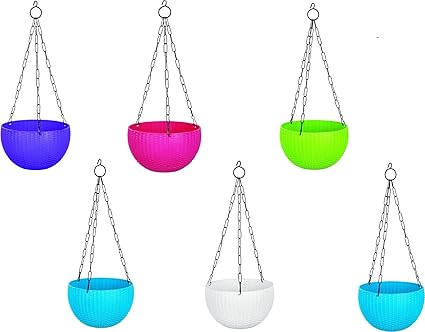 Migglo Plastic Hanging Pot and Flower Pot with Chain Plant Container Set,Pack of 6 (12.5x21x21 cm)