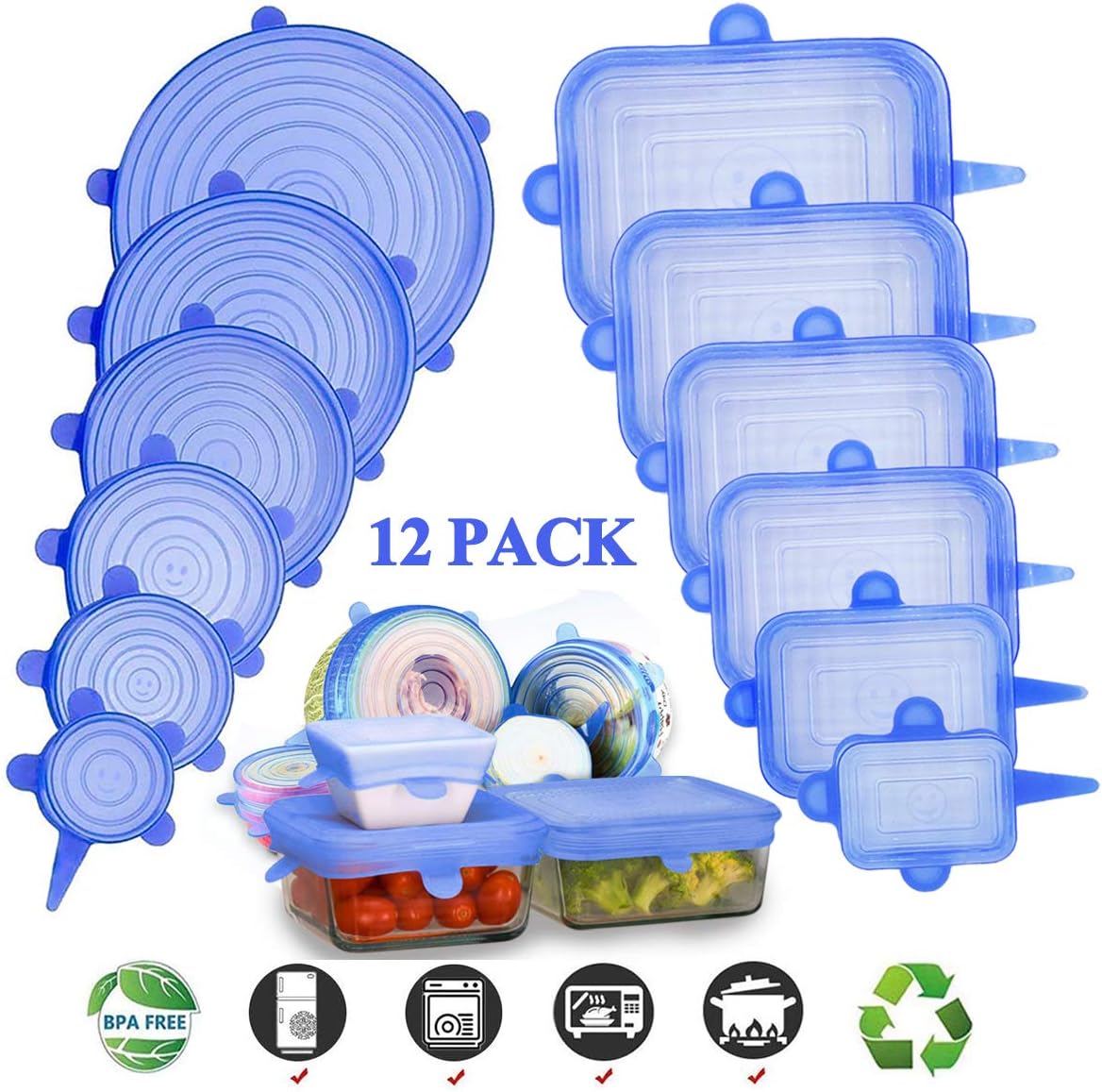 Adpartner Silicone Stretch Lids (12-Pack, Round & Rectangle), BPA-free Silicone Lids to Fit All Shape of Containers, Stretchable Food Covers Reusable Container Lids, Microwave and Dishwasher Safe
