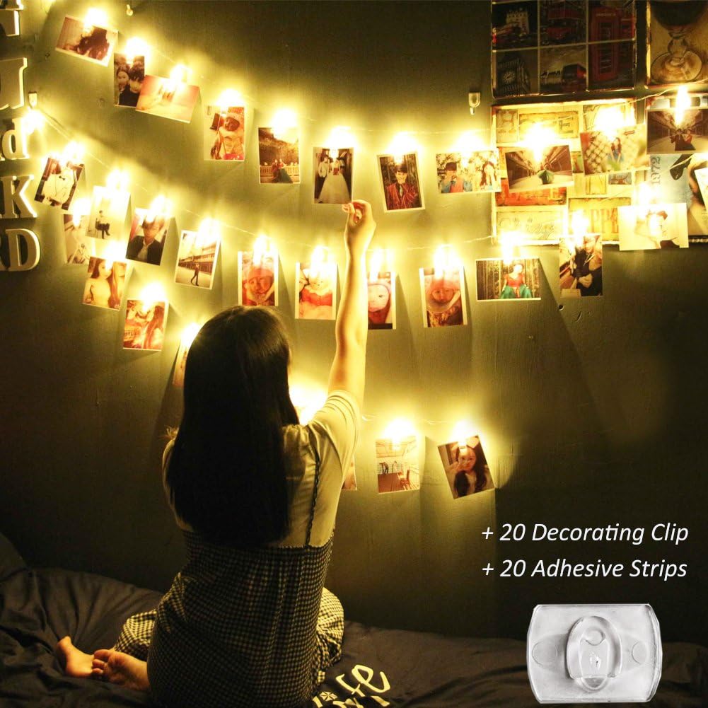 LED Photo Clip String Lights 20 LED 13.3 Feet with 20 Decorating Clips As Valentines Gift Battery Operated Indoor String Lights for Hanging Pictures, Artwork, Memos and Card Warm White