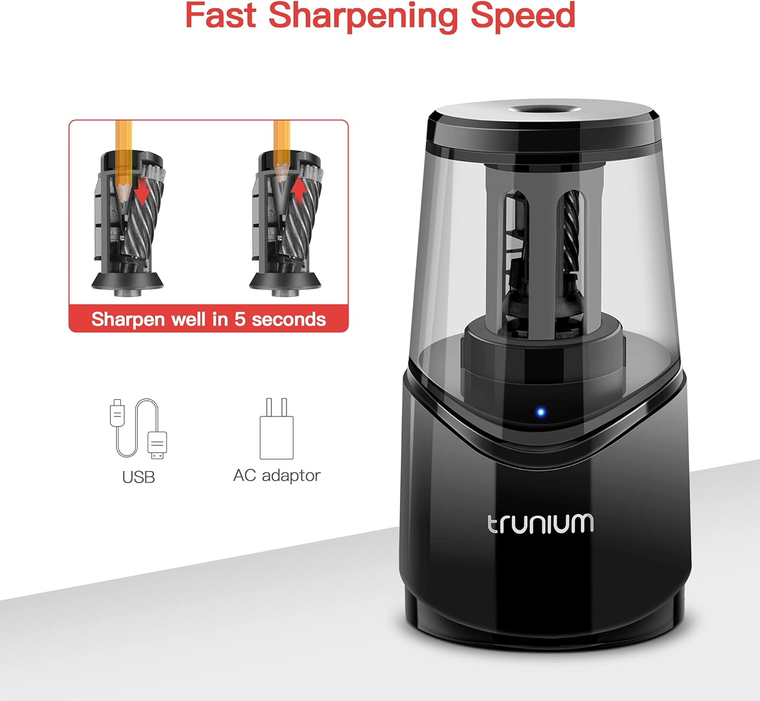 TRUNIUM Electric Pencil Sharpener Heavy Duty, Portable Pencil Sharpener for Home, Colored/Wooden Pencil for 6-8mm, USB/AC Operated in Office School : Office Products