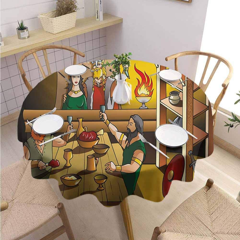 DILITECK Cartoon Restaurant Round Tablecloth King and Queen Feasting with Brave Warriors Ancient Scandinavia Medieval Historical Picnic Cloth Diameter 50" Multicolor