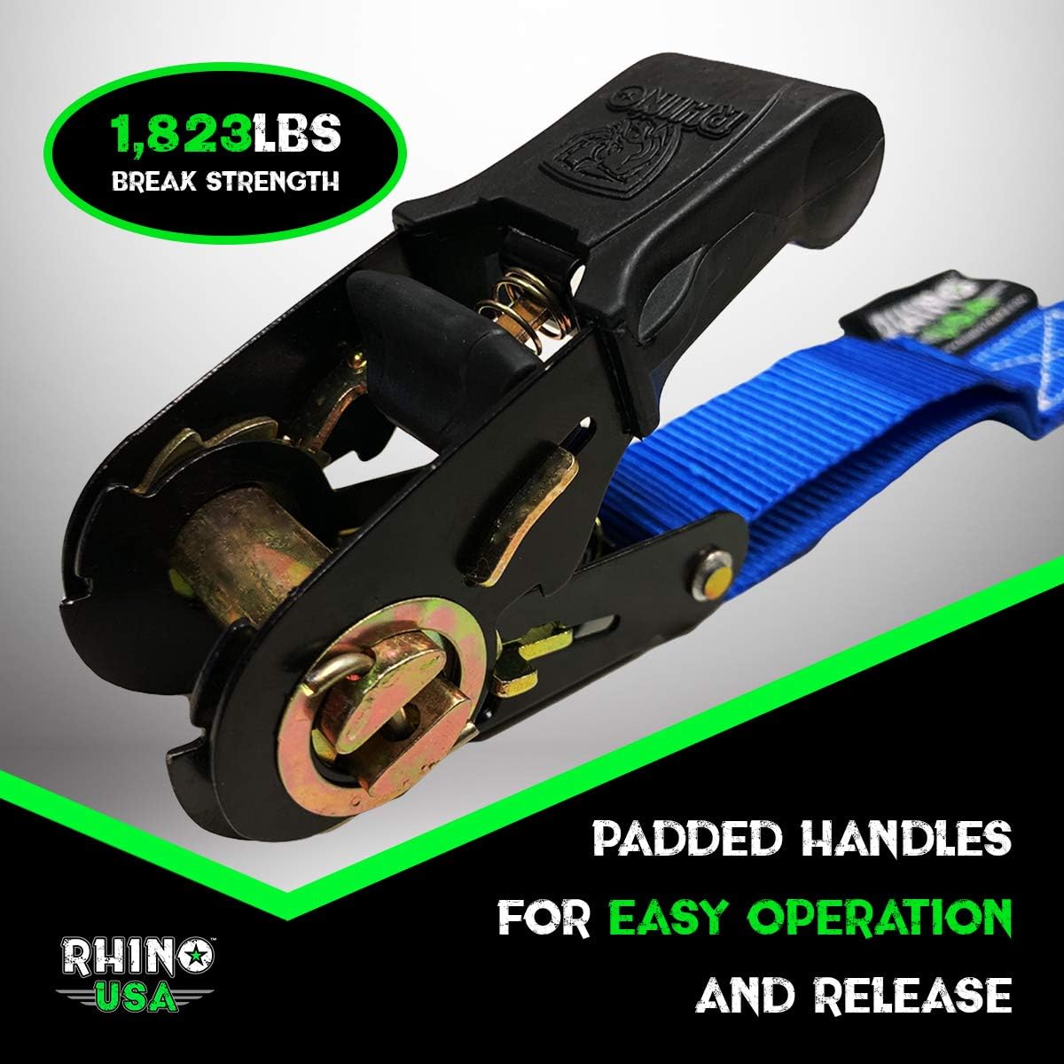 RHINO USA Ratchet Tie Down Straps (4PK) - 1,823lb Guaranteed Max Break Strength, Includes (4) Premium 1" x 15' Rachet Tie Downs with Padded Handles. Best for Moving, Securing Cargo (BLUE): Automotive