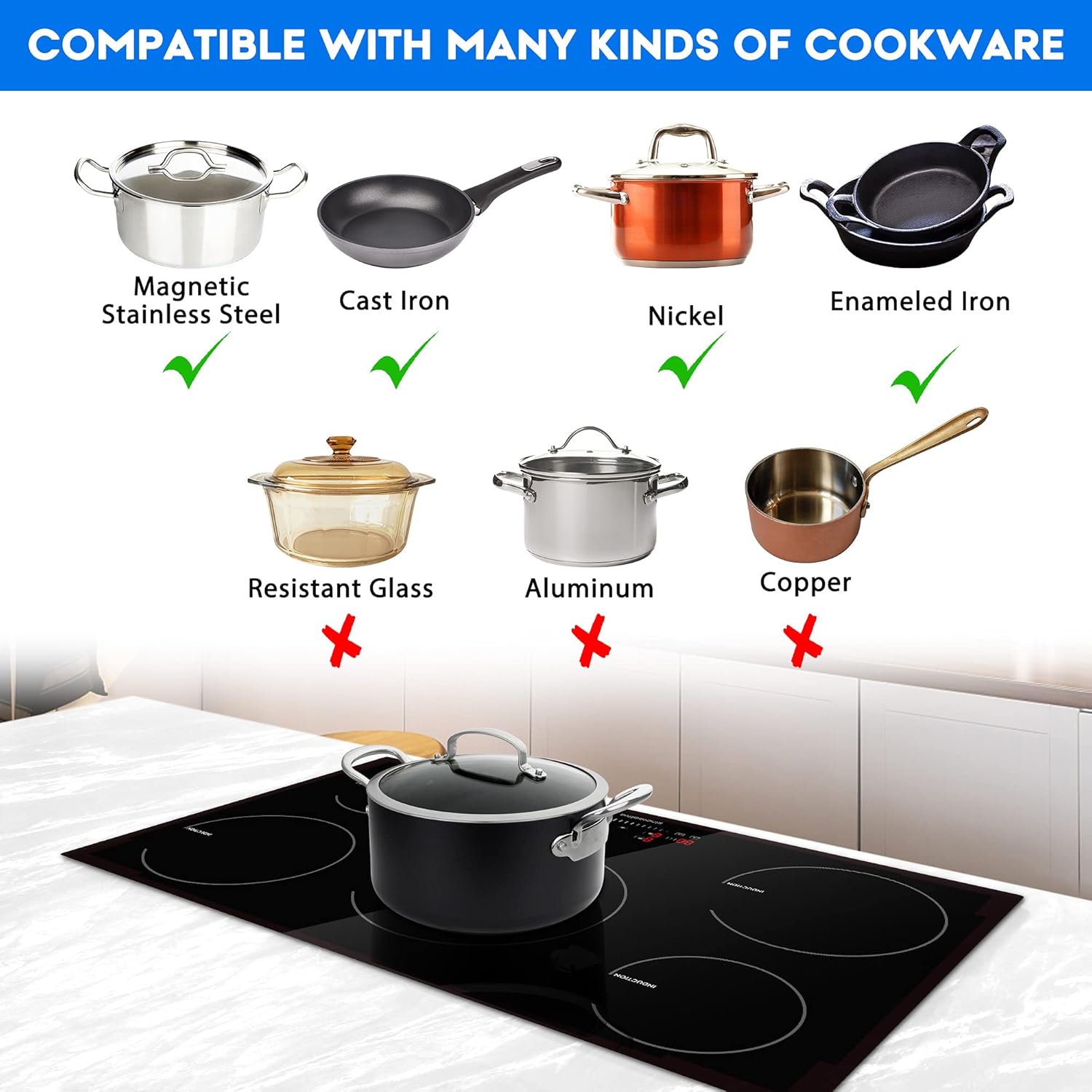 36 Inch Induction Cooktop, Electric Cooktop with 5 Burners Drop-in Electric Stovetop 240V Smoothtop Ceramic Glass Induction Burner with Timer, Kids Lock, 9 Heating Level, ETL & FCC Certificated: Appliances