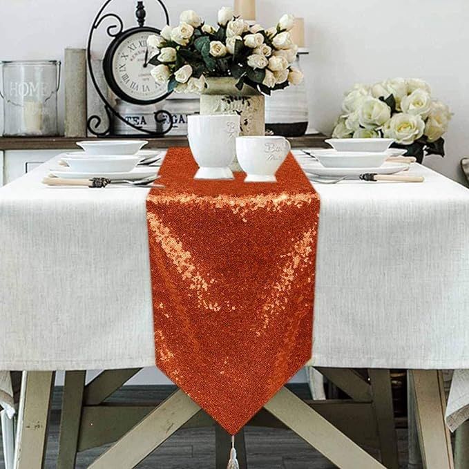 Sparkly Orange12x90Inch Rectangle Sequin Table Runner With Tassel For