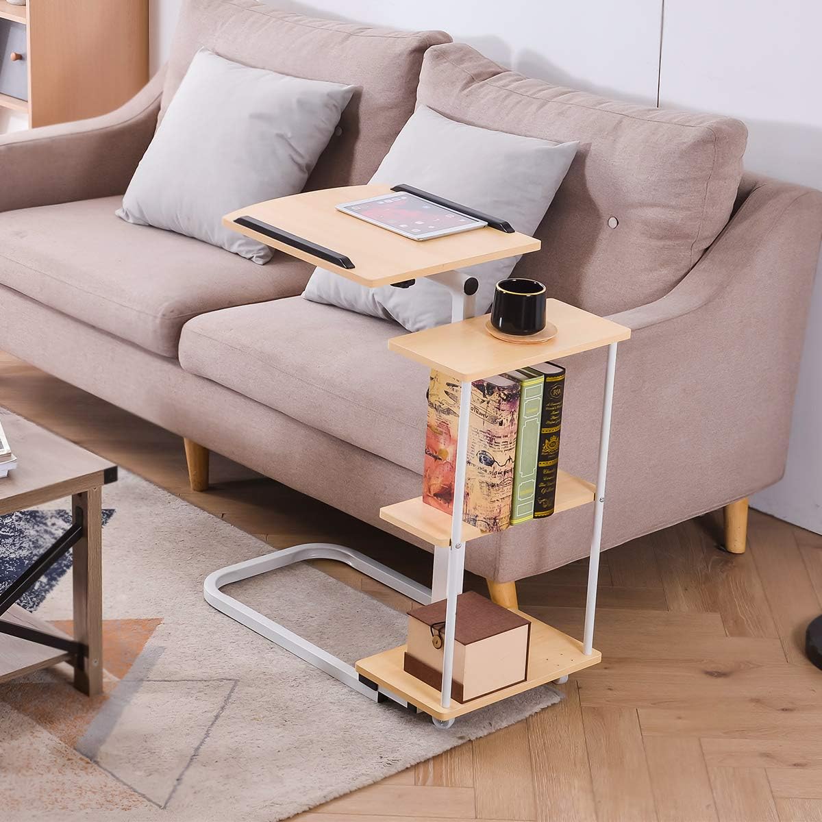 Natwind Overbed Laptop Table with Lockable Wheels Portable Rolling Movable Table Adjustable Angle & Height Laptop Stand Cart with Three-Level Shelf for Bed or Sofa Brown : Office Products