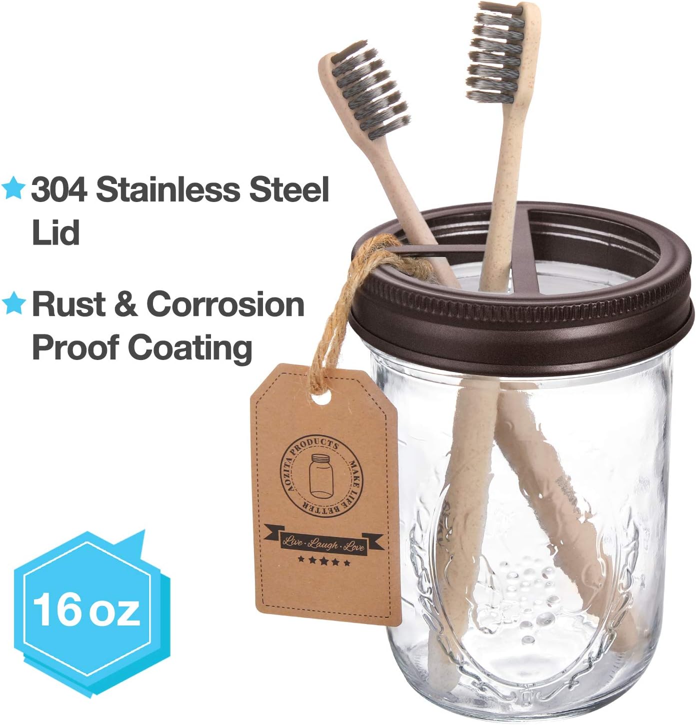AOZITA Mason Jar Bathroom Accessories Set 4 Pcs - Mason Jar Soap Dispenser & 2 Apothecary Jars & Toothbrush Holder - Rustic Farmhouse Decor, Bathroom Home Decor, Countertop Vanity Organize - Bronze: Home & Kitchen