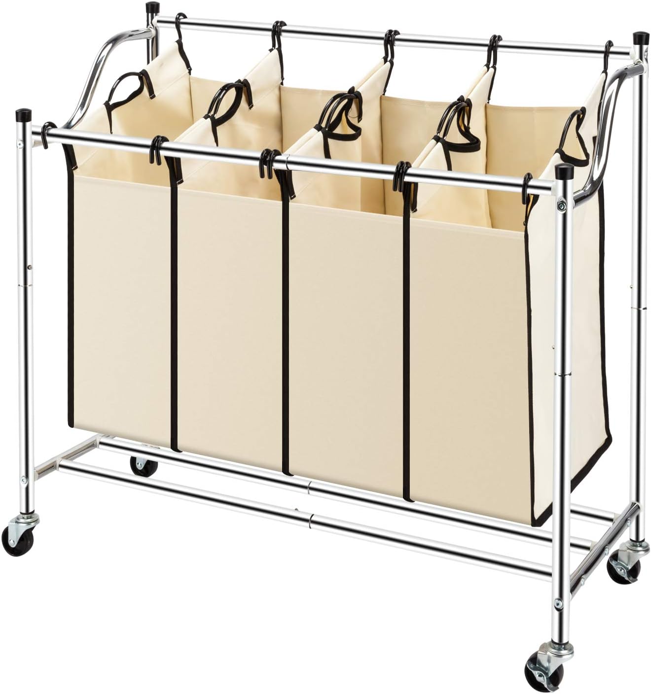 IsEasy Laundry Sorter 4-Bag Heavy-Duty Rolling Divided Laundry Hamper Cart with Removable Bags and Brake Casters Chrome