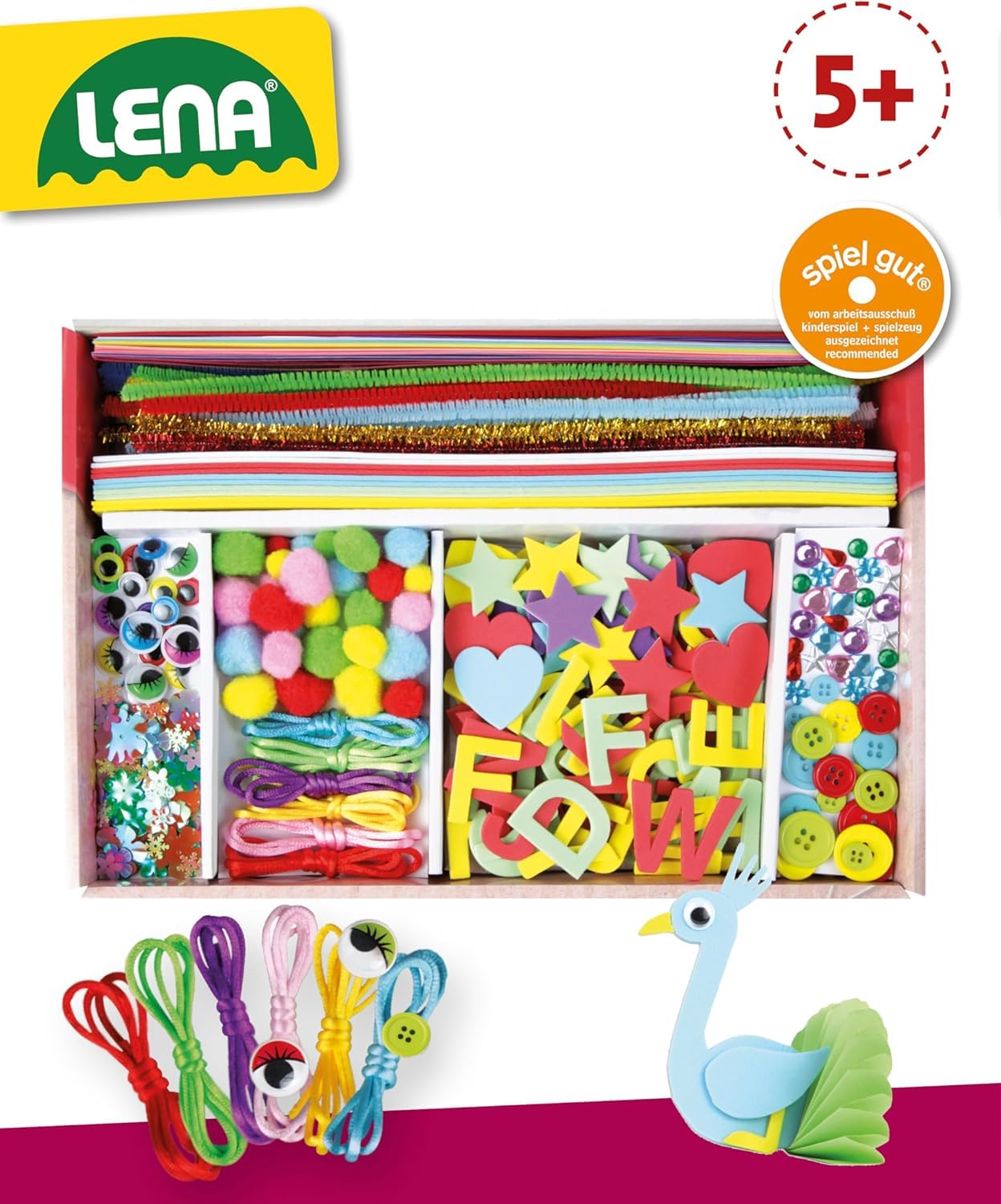 Lena Bastelkoffer mit 400 Teilen, Bastelset bestehend aus Papier, Moosgummi, Pfeifenreiniger, Strasssteine, Wackelaugen, Pompons und Knöpfe, Pink & Lila, geeignet für Kinder ab 5 Jahren 4
