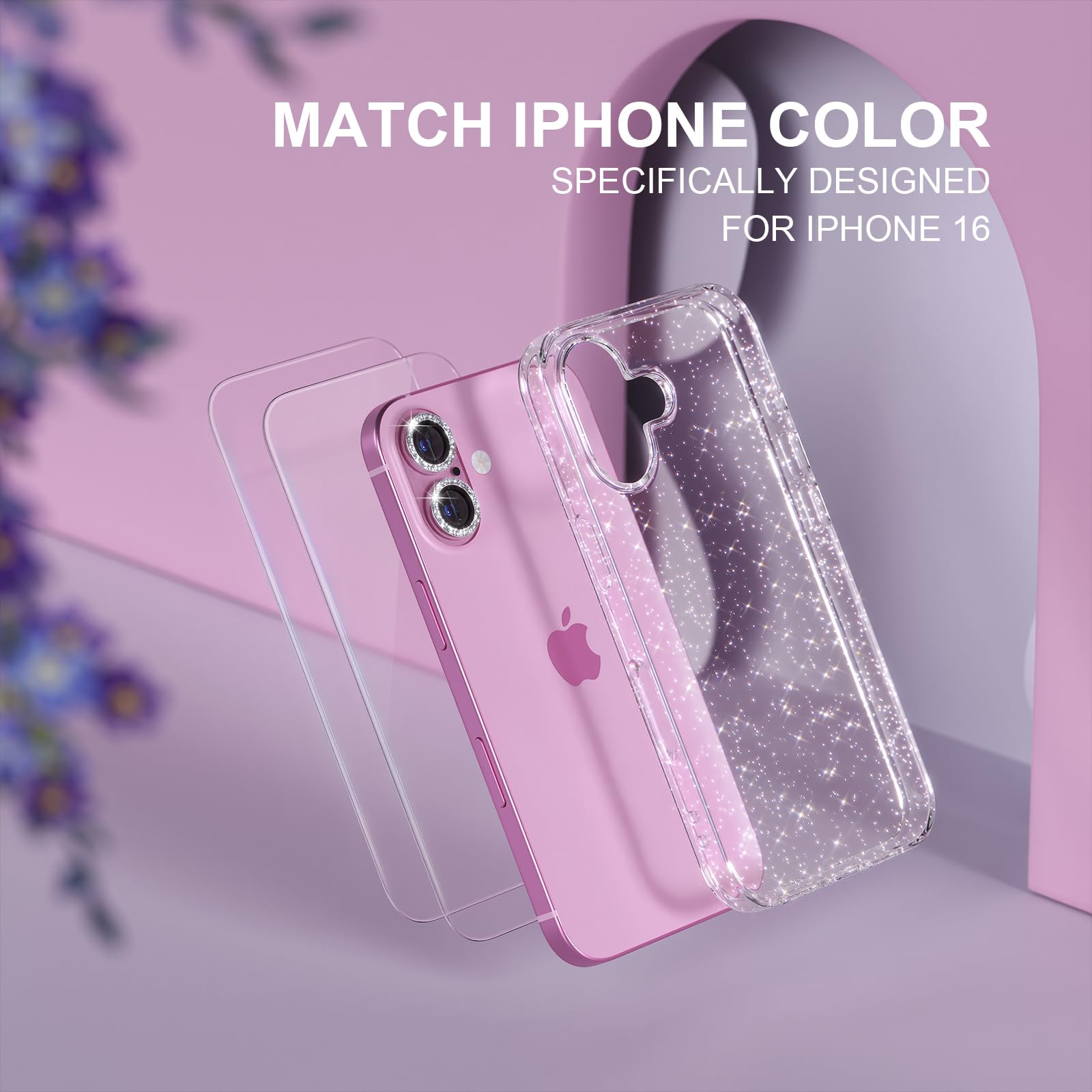 Choiche Compatible for iPhone 16 Case Women Phone Case, Cute Bling Sparkly, Military Grade Drop Protection, 2 Diamond Camera Lens Covers, 2 Tempered Glass Protectors, 6.1 inch (Glitter Clear)