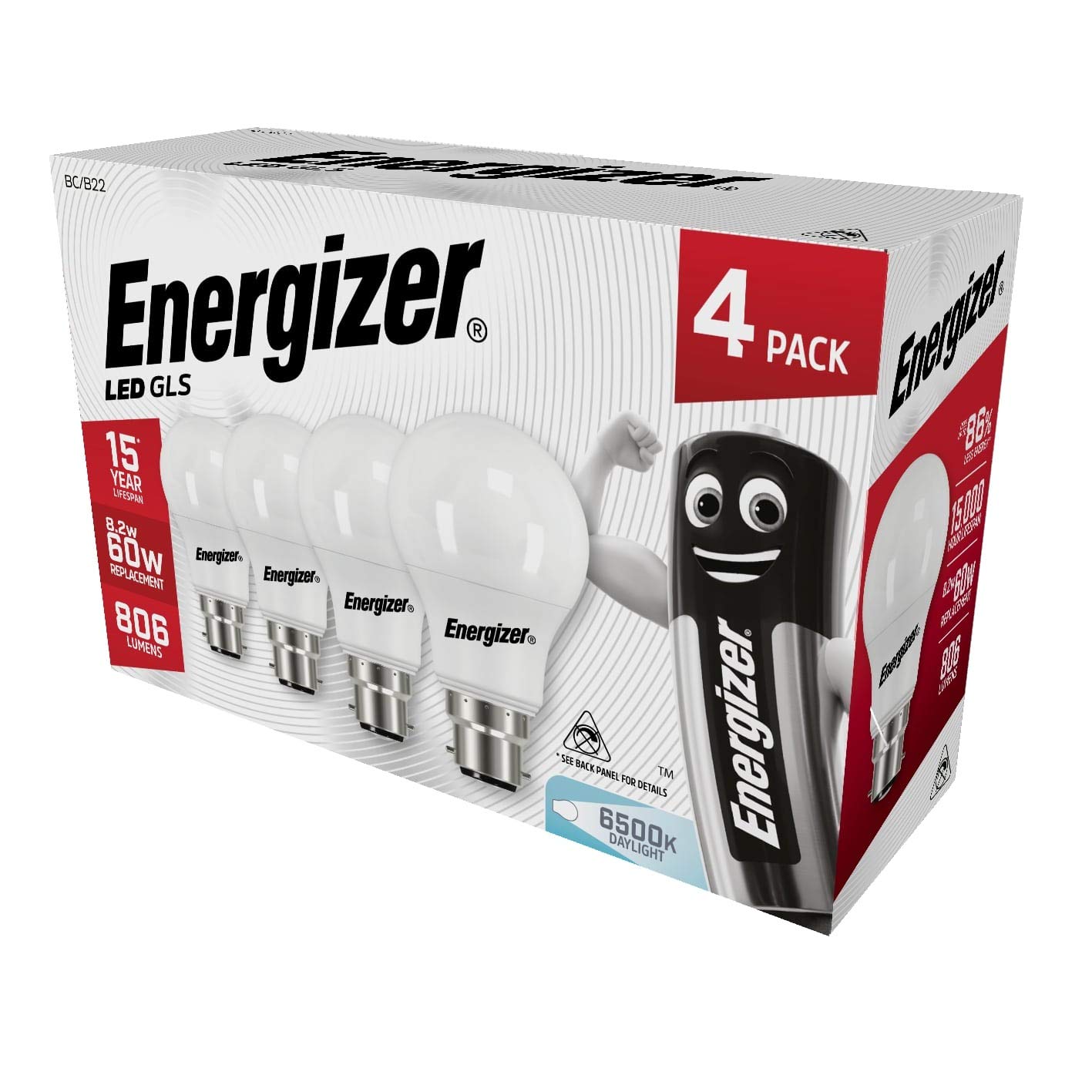Energizer GLS Replacement LED Bulb 4 Pack (Daylight B22, 60W) [Energy class F]